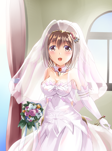 Anime picture 1207x1623 with princess connect! re:dive princess connect! yui (princess connect!) yui (real) (princess connect!) asundora single tall image looking at viewer blush fringe short hair breasts open mouth light erotic hair between eyes brown hair large breasts standing holding brown eyes