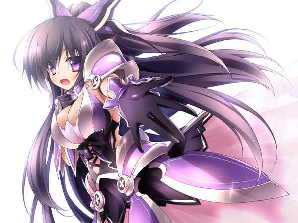 Anime picture 1600x1200 with date a live yatogami tooka midoriiro no shinzou single long hair blush breasts open mouth light erotic black hair simple background white background purple eyes ponytail girl dress gloves