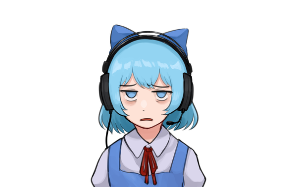 Anime picture 2063x1299 with touhou cirno nvi2762 single looking at viewer fringe highres short hair open mouth blue eyes blue hair upper body transparent background no pupils empty eyes girl bow hair bow headphones headset
