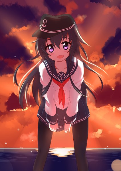 Anime picture 1000x1414 with kantai collection akatsuki destroyer caibao single long hair tall image looking at viewer blush fringe open mouth black hair standing purple eyes holding cloud (clouds) leaning leaning forward evening sunset girl