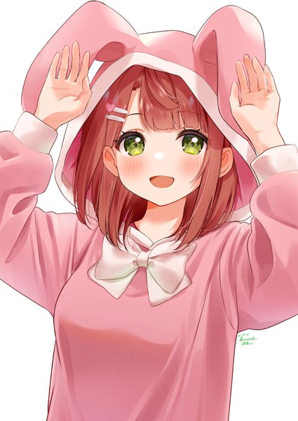 Anime picture 645x911 with love live! nijigasaki high school idol club sunrise (studio) love live! uehara ayumu hinami riku single tall image looking at viewer blush short hair open mouth simple background brown hair white background green eyes upper body :d arms up bunny pose girl