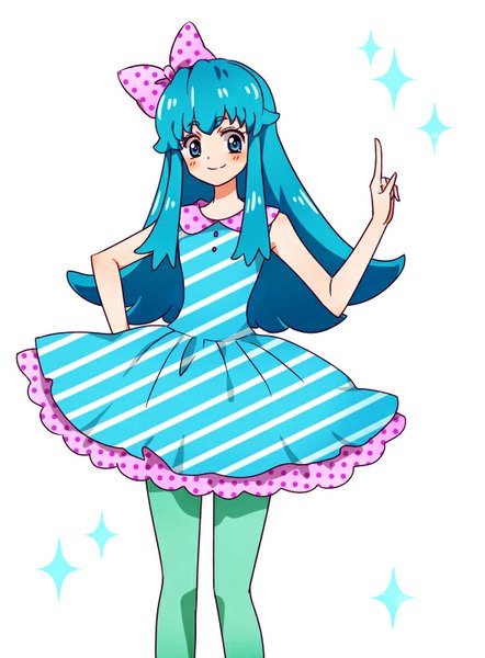 Anime picture 590x800 with precure happinesscharge precure! toei animation shirayuki hime kagami chihiro single long hair tall image blush fringe blue eyes simple background smile white background payot blue hair looking away sparkle sleeveless hand on hip