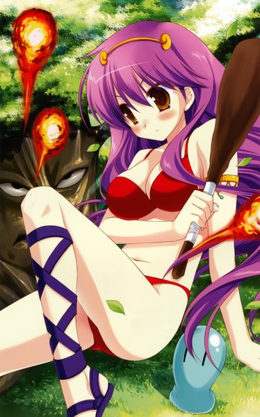 Anime picture 2359x3786 with miyasu risa long hair tall image blush highres light erotic purple hair orange eyes girl swimsuit bikini fire red bikini