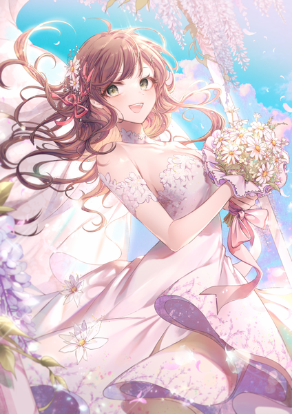 Anime picture 740x1047 with virtual youtuber tsunderia miori celesta ozzingo single long hair tall image looking at viewer blush fringe breasts open mouth smile brown hair large breasts standing bare shoulders holding green eyes sky
