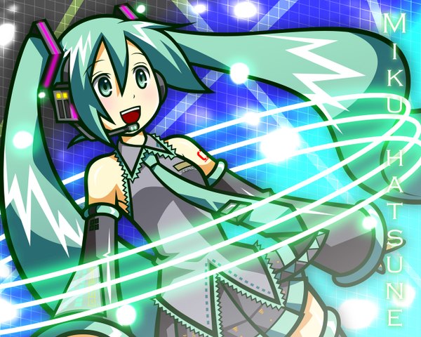 Anime picture 1280x1024 with vocaloid hatsune miku shiraazuma single fringe open mouth hair between eyes twintails looking away very long hair :d aqua eyes aqua hair character names girl necktie headphones headset