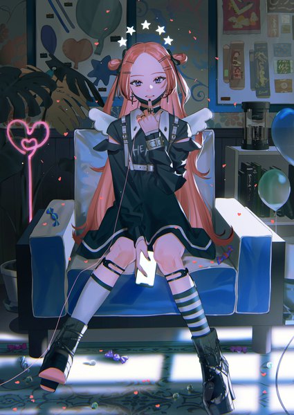 Anime picture 1756x2479 with original toinana single long hair tall image looking at viewer highres blue eyes sitting full body indoors nail polish hair bun (hair buns) two side up mask pull fake wings different socks girl earrings wings