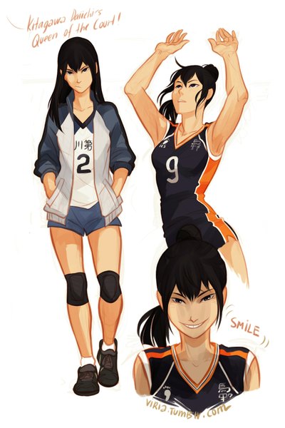 Anime picture 1111x1663 with haikyuu!! production i.g kageyama tobio viria13 long hair tall image black hair simple background standing white background ponytail black eyes open clothes open jacket grey eyes hands in pockets genderswap multiple persona girl uniform