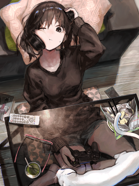 Anime picture 1536x2048 with original tentsuu (tentwo) single tall image looking at viewer fringe short hair breasts hair between eyes brown hair sitting holding brown eyes indoors long sleeves arm up from above sweatdrop transparent hand on headphones