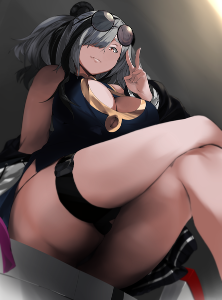 Anime picture 2300x3100 with arknights feater (arknights) cafekun single long hair tall image looking at viewer fringe highres breasts light erotic smile large breasts sitting brown eyes animal ears cleavage silver hair traditional clothes hair over one eye