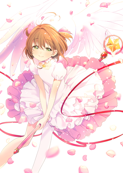 Anime picture 1000x1401 with card captor sakura clamp kinomoto sakura ume (plumblossom) single tall image looking at viewer blush fringe short hair hair between eyes brown hair green eyes ahoge light smile from above two side up puffy sleeves magical girl girl