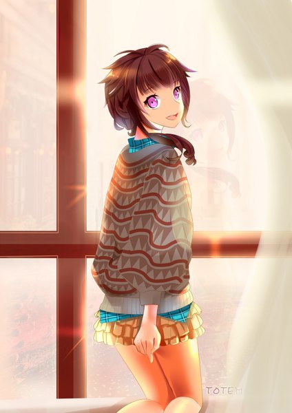 Anime picture 1200x1697 with original totem single tall image short hair open mouth brown hair pink hair looking back girl skirt sweater