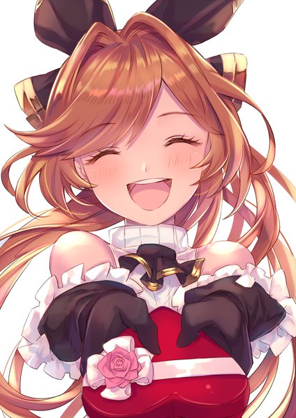 Anime picture 848x1200 with granblue fantasy clarisse (granblue fantasy) aoi (kirabosi105) single long hair tall image blush simple background smile brown hair white background bare shoulders holding upper body ponytail eyes closed happy ^ ^ valentine girl