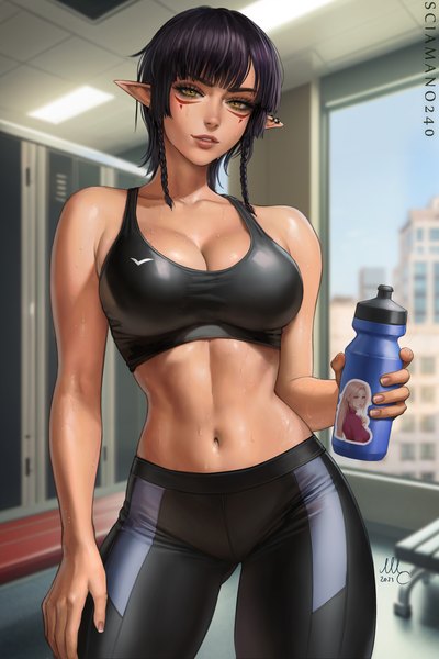 Anime picture 2000x3000 with original chloe (sciamano240) valerie (sciamano240) sciamano240 single tall image looking at viewer fringe highres short hair breasts light erotic black hair large breasts standing holding signed yellow eyes cleavage indoors
