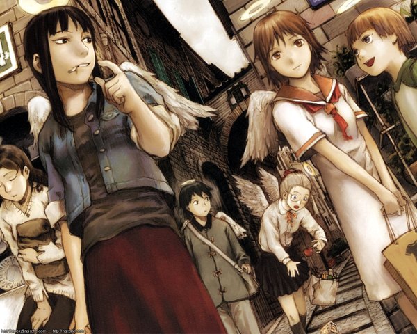 Anime picture 1280x1024 with haibane renmei rakka (haibane) reki (haibane) hikari (haibane) kana (haibane) nemu (haibane) girl uniform school uniform wings serafuku