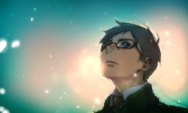 Anime picture 1000x600 with ao no exorcist a-1 pictures okumura yukio arata (mangaka) single short hair blue eyes black hair wide image upper body sparkle gradient background light looking up boy shirt glasses necktie white shirt suit