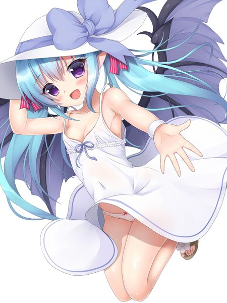 Anime picture 600x800 with inma kourin devil carnival seta (monyun) single long hair tall image blush fringe breasts open mouth light erotic simple background smile hair between eyes white background purple eyes twintails payot blue hair cleavage full body