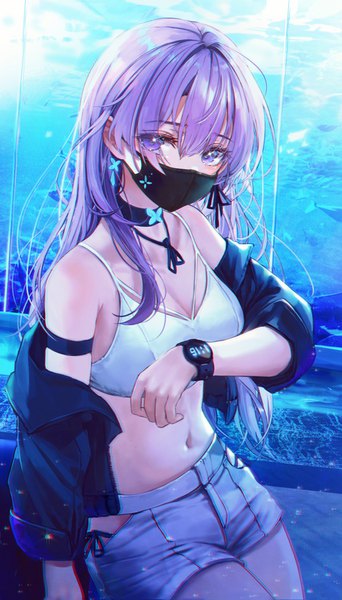 Anime picture 3000x5260 with original bbeedol single long hair tall image looking at viewer blush fringe highres breasts hair between eyes standing purple eyes bare shoulders cleavage purple hair indoors off shoulder open jacket sparkle