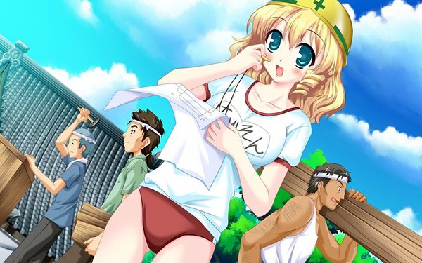 Anime picture 1024x640 with doinaka channel 5 erena hadoson blush short hair open mouth blonde hair wide image green eyes game cg girl uniform gym uniform
