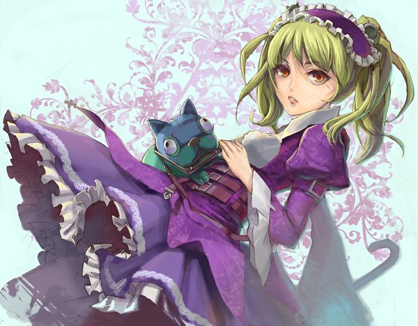 Anime picture 1000x781 with unlight sheri gabuccc long hair looking at viewer fringe twintails brown eyes animal ears long sleeves green hair wide sleeves floral print dog ears girl dress animal dog purple dress