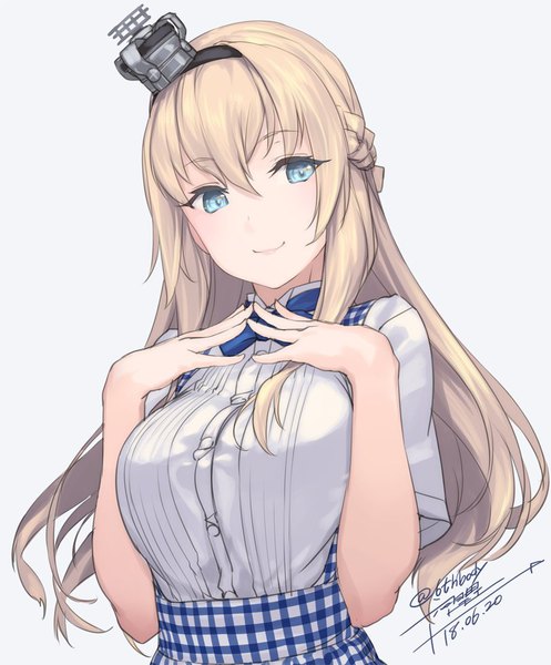 Anime picture 813x980 with kantai collection kobeya warspite (kantai collection) rokuwata tomoe single long hair tall image fringe blue eyes simple background blonde hair hair between eyes signed upper body twitter username dated half updo girl uniform crown