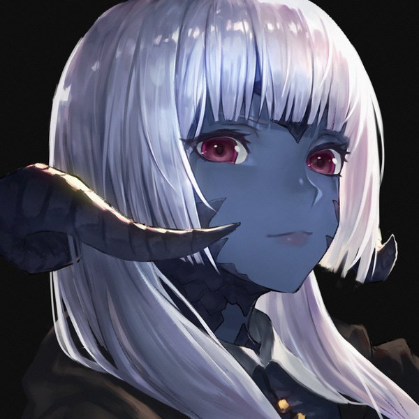 Anime picture 3000x3000 with final fantasy final fantasy xiv square enix au ra botamochi single long hair looking at viewer fringe highres simple background red eyes payot blunt bangs horn (horns) light smile black background portrait face blue skin