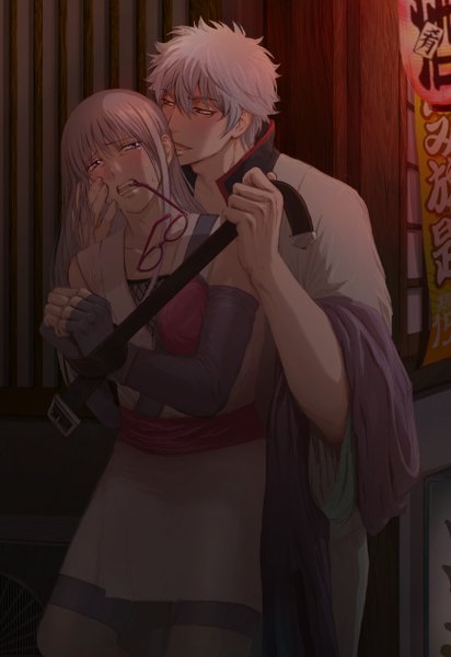 Anime picture 866x1260 with gintama sunrise (studio) sakata gintoki sarutobi ayame long hair tall image blush short hair open mouth light erotic red eyes purple eyes holding blue hair purple hair white hair traditional clothes japanese clothes couple mouth hold