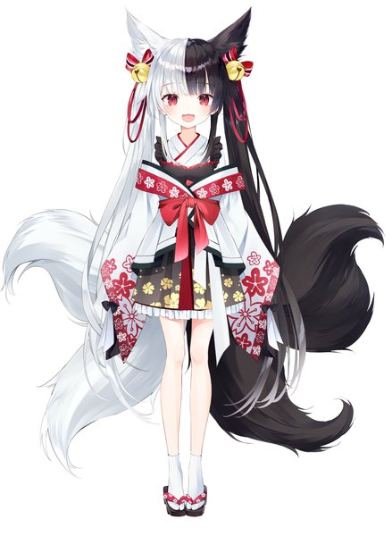 Anime picture 2560x3500 with virtual youtuber alice mana channel alice mana nabi (uz02) single tall image looking at viewer fringe highres open mouth black hair simple background red eyes standing white background twintails animal ears silver hair full body tail