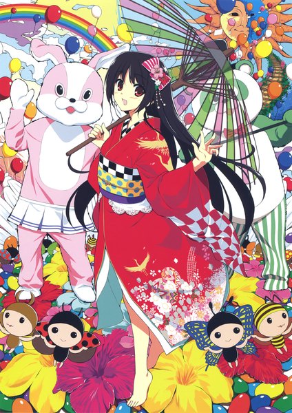 Anime picture 2332x3300 with original eshi 100-nin ten fumio (ura fmo) long hair tall image looking at viewer blush highres black hair brown eyes traditional clothes japanese clothes barefoot scan girl hair ornament flower (flowers) insect butterfly umbrella