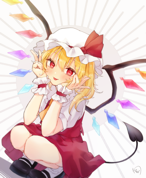 Anime picture 800x973 with touhou flandre scarlet honotai single tall image blush fringe short hair blonde hair hair between eyes red eyes tail one side up victory squat demon tail head rest girl hat wings