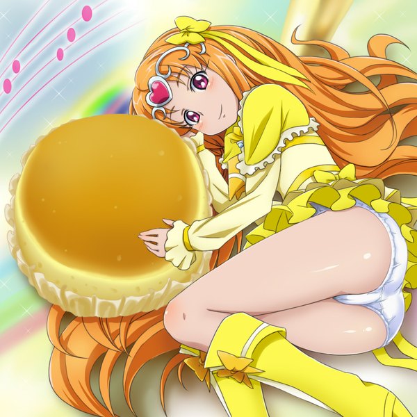 Anime picture 1050x1050 with precure suite precure toei animation shirabe ako cure muse (yellow) mameshiba (pixiv 59310) single long hair blush light erotic smile lying pink eyes orange hair girl dress underwear panties bow hair bow