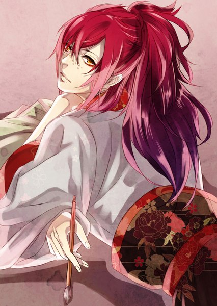 Anime-Bild 1064x1500 mit magi the labyrinth of magic a-1 pictures ren koumei amane0623 single long hair tall image looking at viewer simple background holding brown eyes ponytail red hair tail traditional clothes japanese clothes looking back fingernails wide sleeves floral print