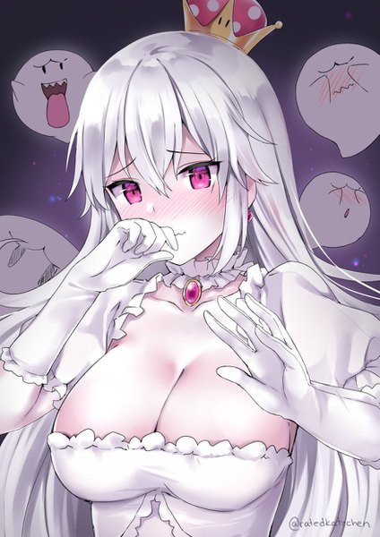 Anime picture 877x1240 with super mario bros. new super mario bros. u deluxe princess king boo boo (mario) kaetzchen single long hair tall image looking at viewer blush fringe breasts light erotic hair between eyes large breasts signed cleavage silver hair upper body pink eyes