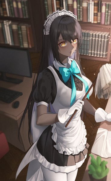 Anime picture 2500x4080 with blue archive karin (blue archive) ame 816 single long hair tall image fringe highres breasts black hair hair between eyes standing holding yellow eyes looking away indoors sunlight short sleeves maid dark skin