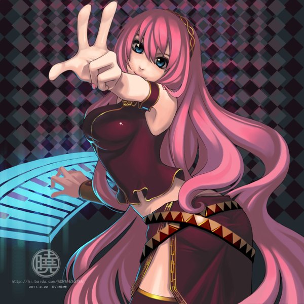 Anime picture 1280x1280 with vocaloid megurine luka fiodo single long hair looking at viewer blue eyes pink hair light smile victory checkered background girl skirt headphones vest skirt set