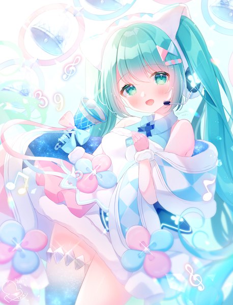 Anime picture 1324x1733 with vocaloid magical mirai (vocaloid) hatsune miku magical mirai miku magical mirai miku (2020 winter) omochi monaka single long hair tall image looking at viewer blush open mouth twintails :d aqua eyes aqua hair treble clef 39 girl gloves