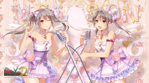 Anime picture 1920x1080 with valkyria chronicles edy nelson licorice nelson murakami yuichi long hair fringe highres open mouth smile wide image standing twintails bare shoulders multiple girls holding brown eyes one eye closed fingernails grey hair wink