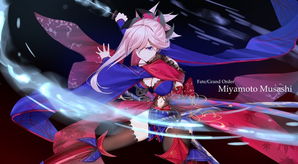 Anime picture 2000x1103 with fate (series) fate/grand order miyamoto musashi (fate) eternity (shadeh) single long hair looking at viewer fringe highres breasts blue eyes light erotic simple background wide image large breasts standing pink hair hair over one eye wide sleeves copyright name