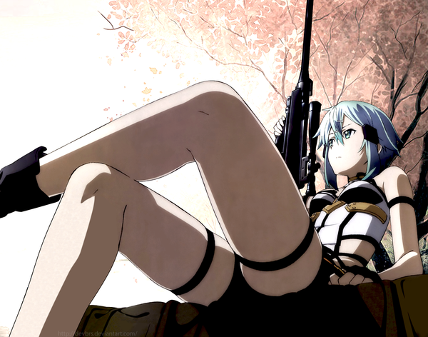 Anime picture 1600x1259 with sword art online a-1 pictures asada shino takata akira devbrs single fringe short hair breasts light erotic white background sitting bare shoulders holding green eyes blue hair looking away ahoge bent knee (knees) from below