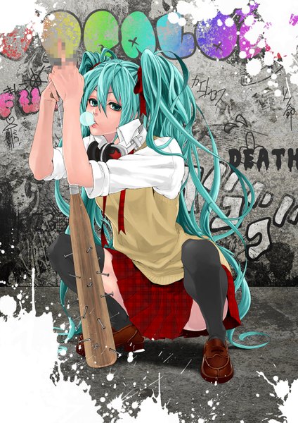 Anime picture 992x1403 with vocaloid hatsune miku yoichi single tall image highres sitting twintails very long hair aqua eyes censored aqua hair spread legs squat twisty sleeves graffiti middle finger girl thighhighs skirt