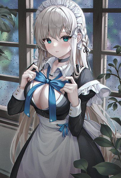 Anime picture 1500x2215 with original mellozzo single long hair tall image looking at viewer blush fringe breasts light erotic hair between eyes large breasts standing cleavage silver hair indoors braid (braids) long sleeves parted lips aqua eyes