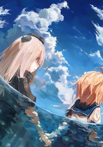 Anime picture 650x929 with kantai collection i-58 submarine u-511 submarine amoranorem long hair tall image fringe blue eyes blonde hair multiple girls sky cloud (clouds) parted lips from behind orange hair partially submerged back holding hands girl 2 girls