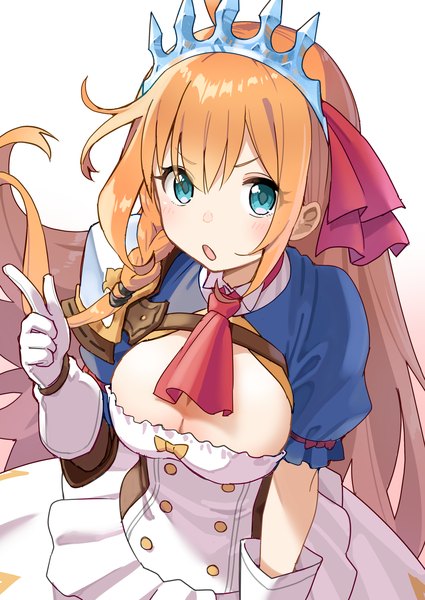 Anime picture 2508x3541 with princess connect! re:dive princess connect! pecorine (princess connect!) mameroku single long hair tall image looking at viewer fringe highres breasts open mouth light erotic simple background blonde hair hair between eyes large breasts white background cleavage aqua eyes