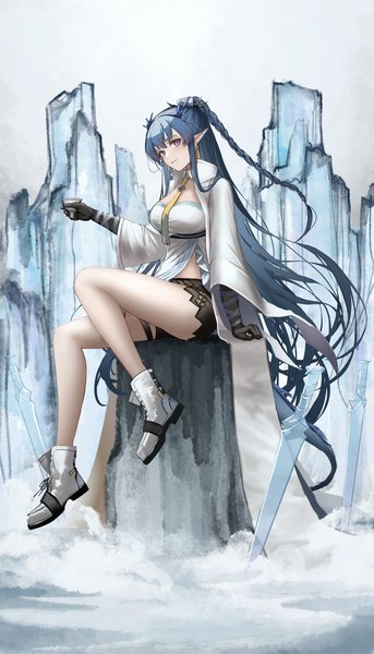 Anime picture 2508x4381 with arknights ling (arknights) mihaia single tall image looking at viewer fringe highres hair between eyes sitting blue hair full body tail braid (braids) very long hair horn (horns) pointy ears half updo dragon girl dragon tail
