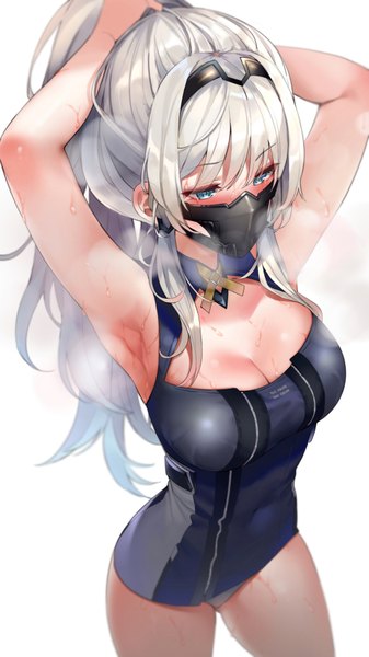 Anime picture 1013x1800 with girls frontline an-94 (girls frontline) hym9594 single long hair tall image blush fringe breasts blue eyes light erotic simple background hair between eyes large breasts standing white background payot looking away cleavage silver hair