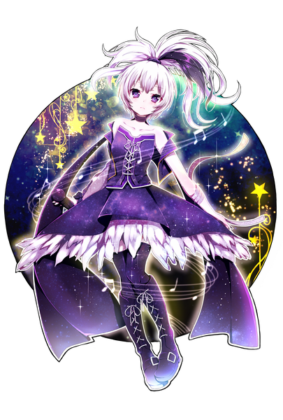 Anime picture 1181x1748 with vocaloid flower (vocaloid) fuu (07199382) single long hair tall image looking at viewer blush purple eyes bare shoulders silver hair purple hair ponytail multicolored hair two-tone hair streaked hair transparent background girl thighhighs skirt