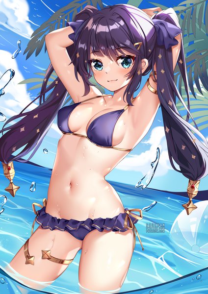 Anime picture 884x1250 with genshin impact mona megistus squchan single long hair tall image looking at viewer blush fringe breasts blue eyes light erotic black hair smile hair between eyes standing twintails signed payot sky