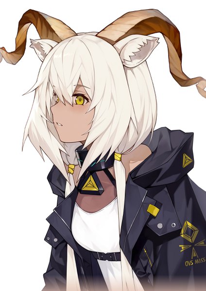 Anime picture 1767x2500 with arknights beeswax (arknights) yykuaixian single long hair tall image blush fringe highres simple background hair between eyes white background twintails bare shoulders animal ears yellow eyes looking away upper body white hair parted lips