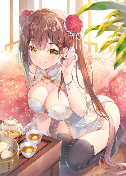 Anime picture 858x1200 with original miwabe sakura single long hair tall image looking at viewer blush fringe breasts light erotic smile brown hair large breasts twintails bare shoulders yellow eyes cleavage full body traditional clothes arm up