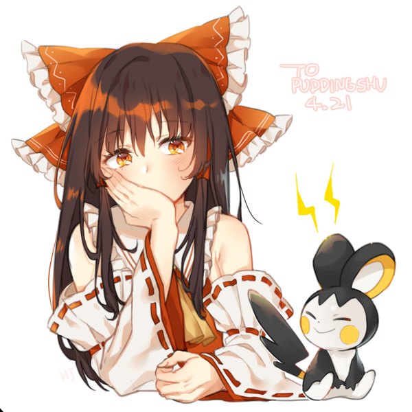 Anime picture 1560x1560 with pokemon touhou nintendo hakurei reimu emolga hajin single long hair blush fringe black hair simple background smile hair between eyes white background bare shoulders payot looking away eyes closed inscription