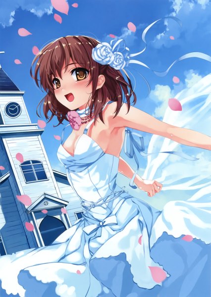 Anime picture 2150x3030 with suiheisen made nan mile? tsuyazaki kokage misaki kurehito single tall image looking at viewer blush fringe highres open mouth brown hair bare shoulders brown eyes sky cleavage cloud (clouds) wind spread arms girl dress